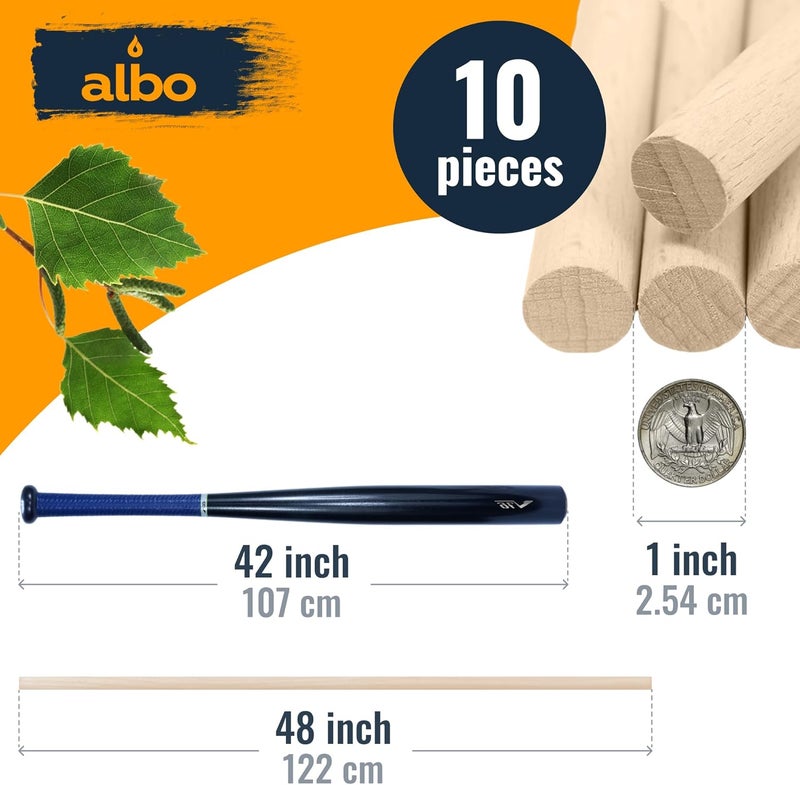 ALBO 1" x 48" Wooden Dowel Rods Set - 10 Pack Birch Natural Long Craft Sticks Rails Shelf Supports Garden Hardwood Smooth Finish Woodworking Material DIY Furniture Bulk Professional - Image 2